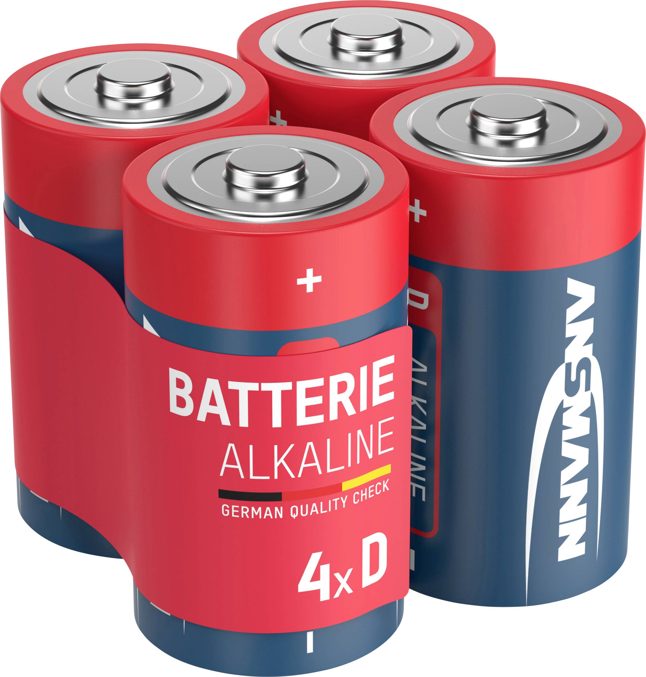 Čtyři červené alkalické baterie velikosti D s nápisem 'ALKALICKÁ BATERIE 4xD'.
