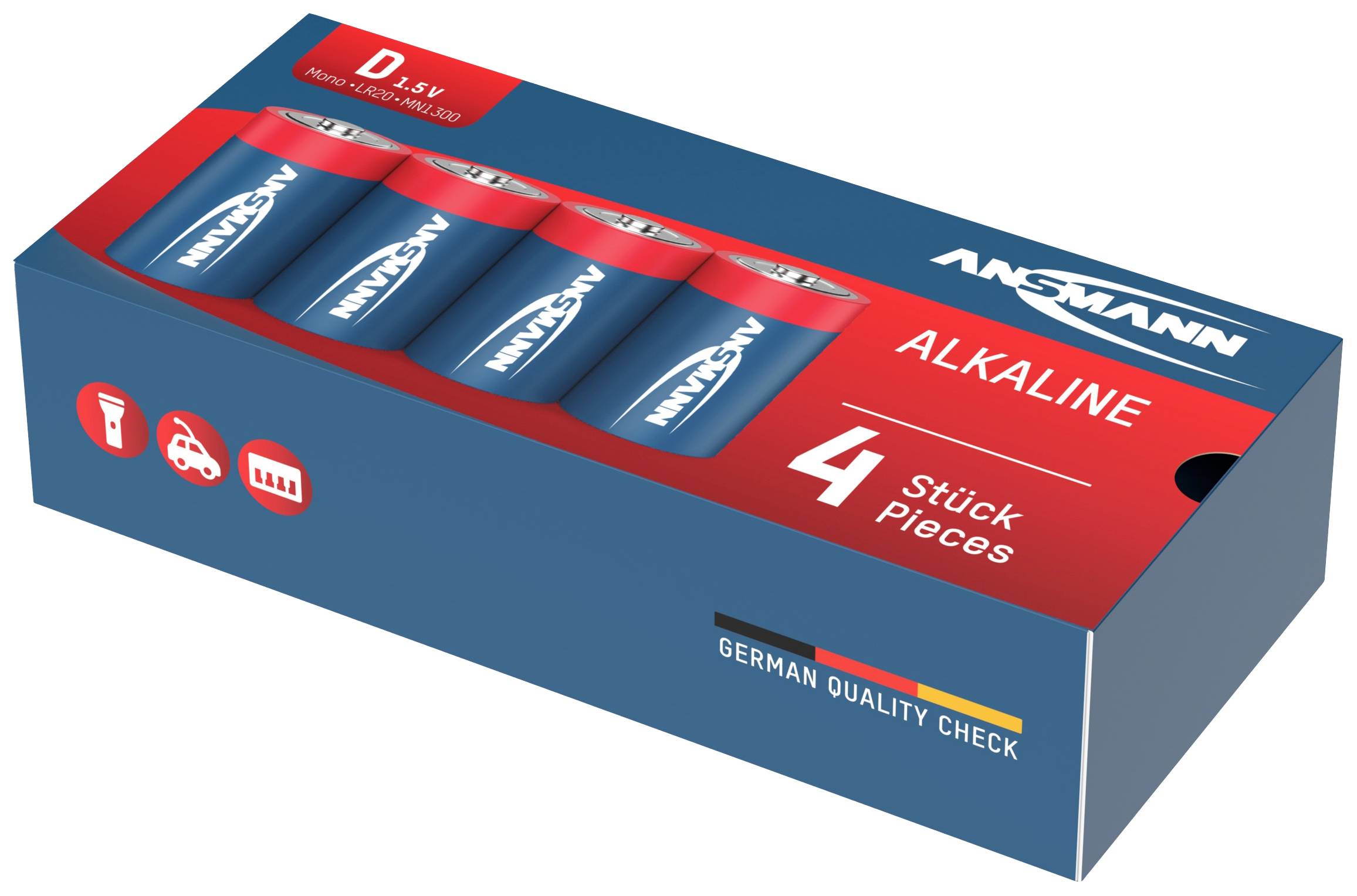 Krabička se čtyřmi alkalickými bateriemi D od značky Ansmann, 1,5 V, v červeno-modrém designu, s nápisem 'German Quality Check' zdůrazňujícím německou kvalitu.