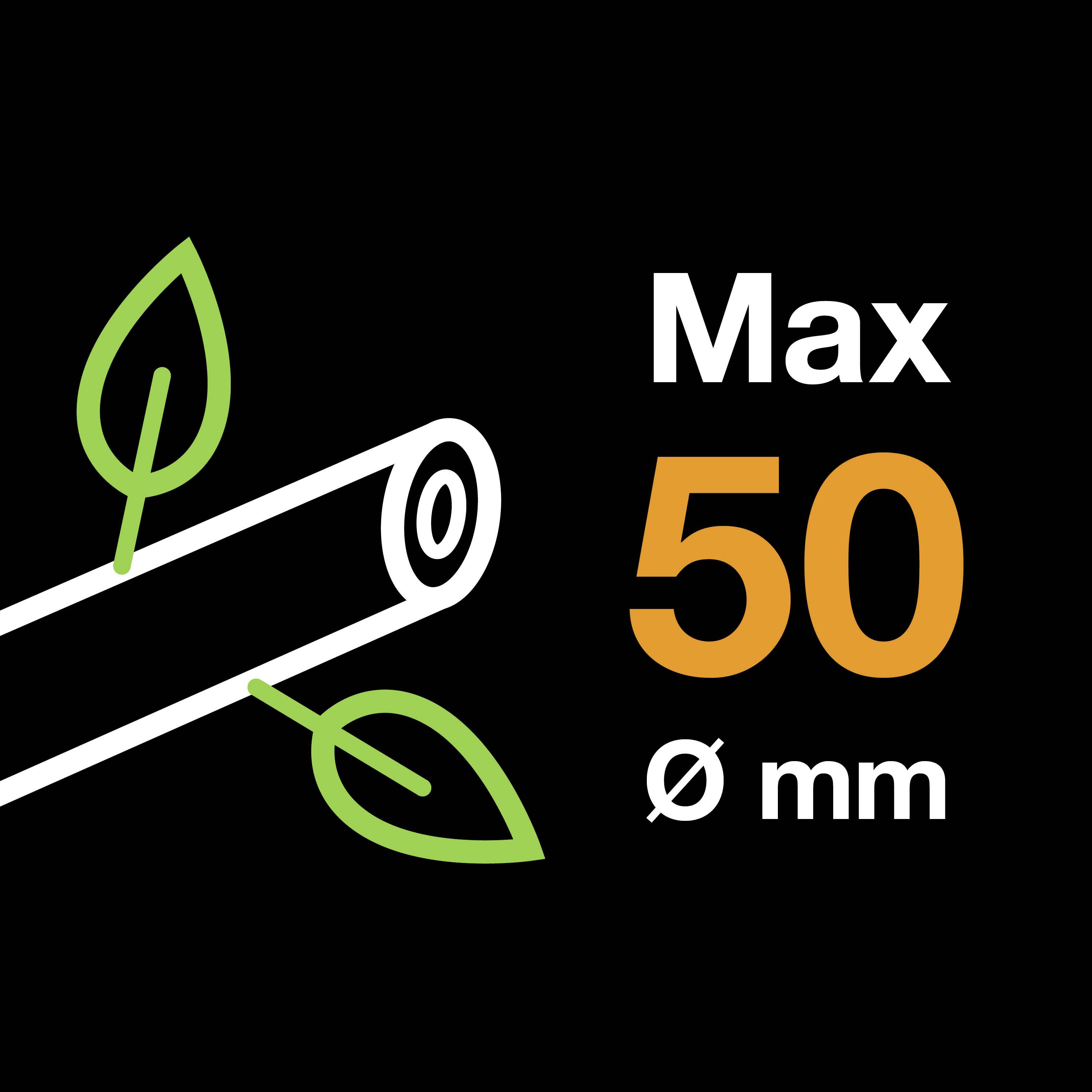 Symbol se špalkem a listy, doplněný popiskem 'Max 50 Ø mm', který označuje maximální průměr 50 mm.