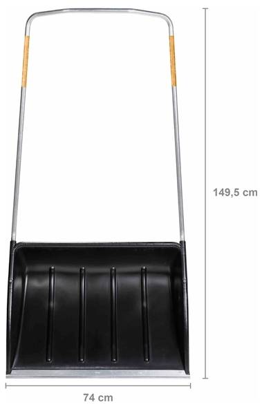 Kovová sněhová lopata se širokým černým čepelem, o rozměrech 149,5 cm na výšku a 74 cm na šířku, vhodná pro čištění velkých ploch.