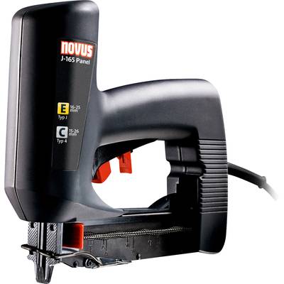 Elektrická sponkovačka, černá, model 'Novus J-165 Panel', vhodná pro sponky typu E a C, boční pohled.
