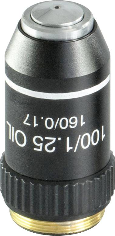 Mikroskopický objektiv s nápisem 100/1.25 OIL 160/0.17, vhodný pro mikroskopii s olejovou imerzí, černý kovový plášť.