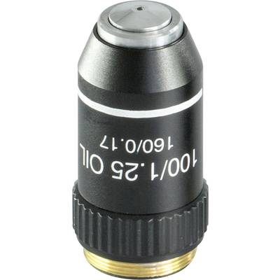 Mikroskopický objektiv s nápisem 100/1.25 OIL 160/0.17, vhodný pro mikroskopii s olejovou imerzí, černý kovový plášť.