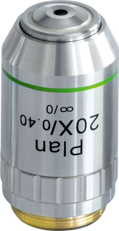 Mikroskopový objektiv s označením 'Plan 20x/0.40' a symbolem nekonečna; stříbrný, s zeleným a černým nápisem.