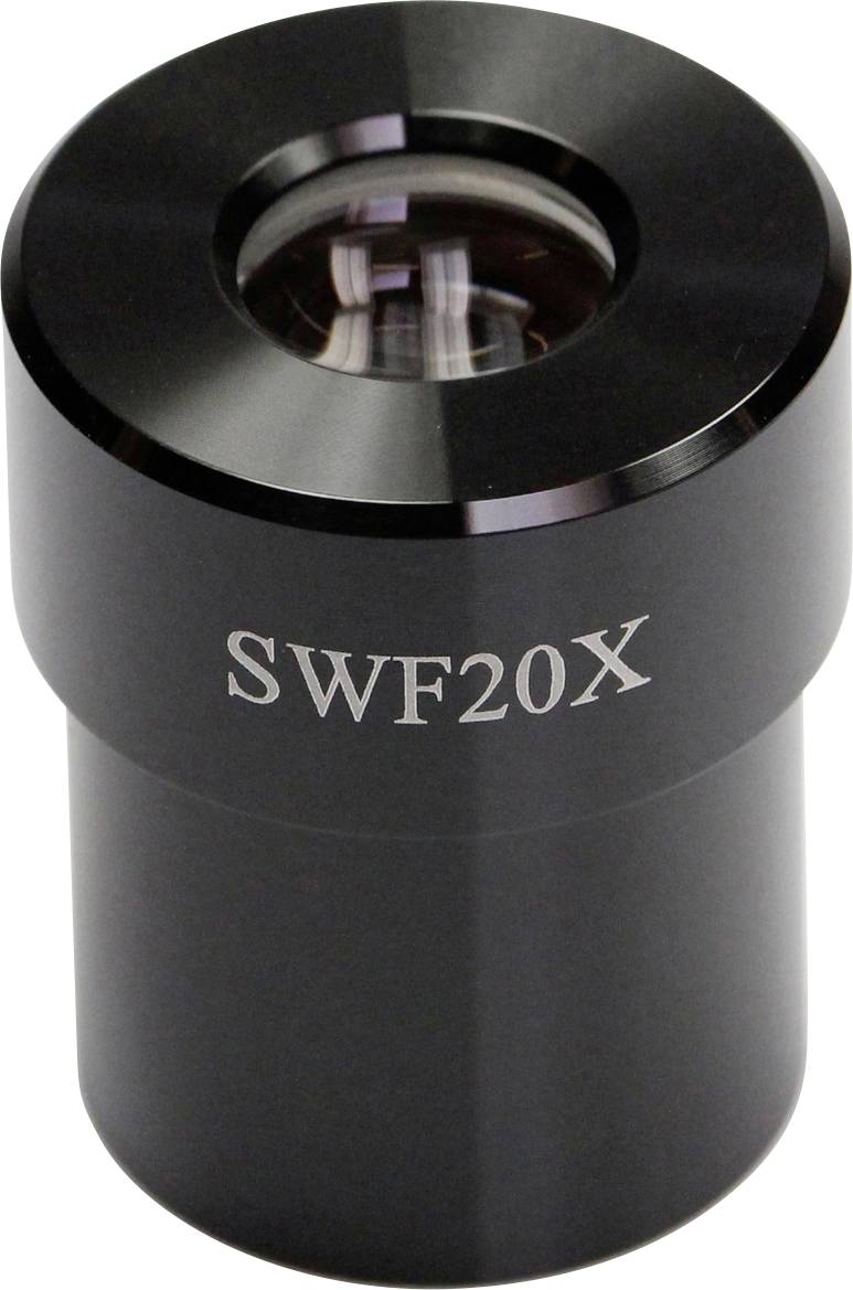 Černý objektiv s nápisem "SWF20X", pravděpodobně mikroskopový objektiv používaný pro zvětšování.