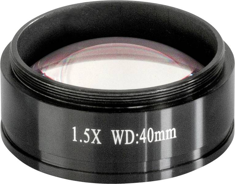 Zvětšovací čočka s nápisem '1.5X WD:40mm', používaná pro detailní snímky nebo přesnost detailů v optických přístrojích.