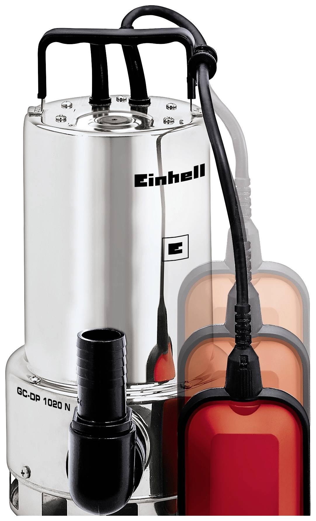 Einhell ponorné čerpadlo, stříbrné, s černou hadicí a oranžovým plovoucím spínačem, model GC-DP 1020 N, pro čerpání vody.