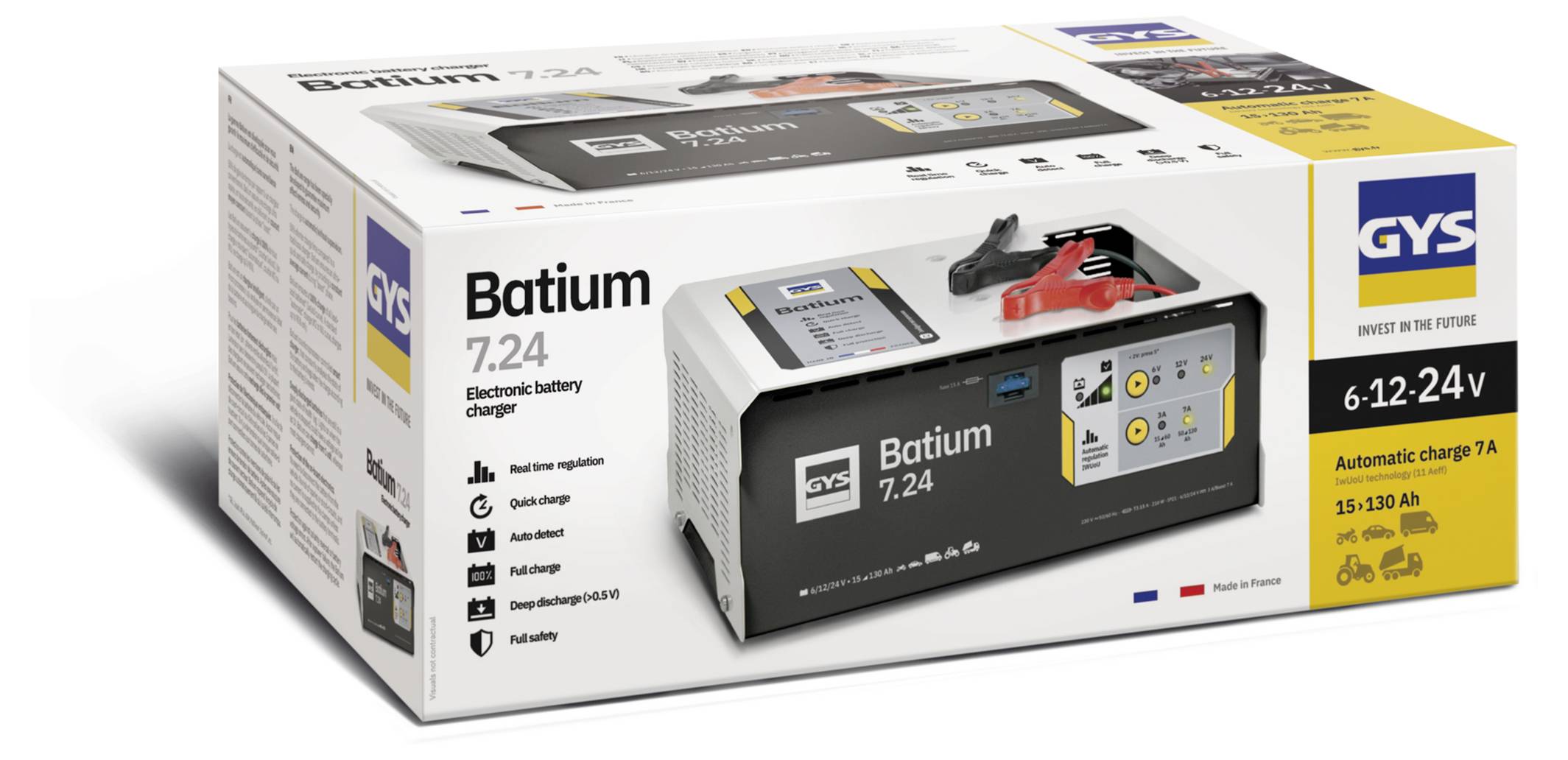 Krabice automatického nabíječe baterií GYS Batium 7.24 pro baterie 6-12-24V s obrázkem produktu a klíčovými specifikacemi na obalu.