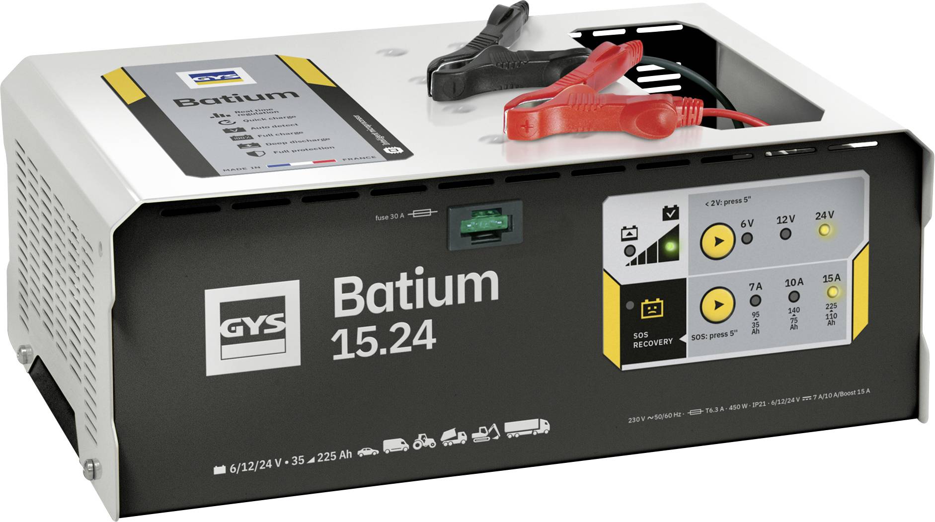 Nabíječka baterií SYS Batium 15.24 s červeným a černým svorkovým vývody nahoře a čelním ovládacím panelem pro režimy nabíjení 6V, 12V a 24V.