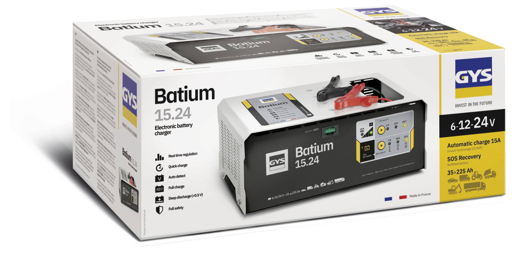 Krabicové balení pro elektronickou nabíječku baterií GYS Batium 15.24, zobrazující obrázek nabíječky a klíčové technické údaje: 6-12-24V, automatické nabíjení 15A, obnova SOS.