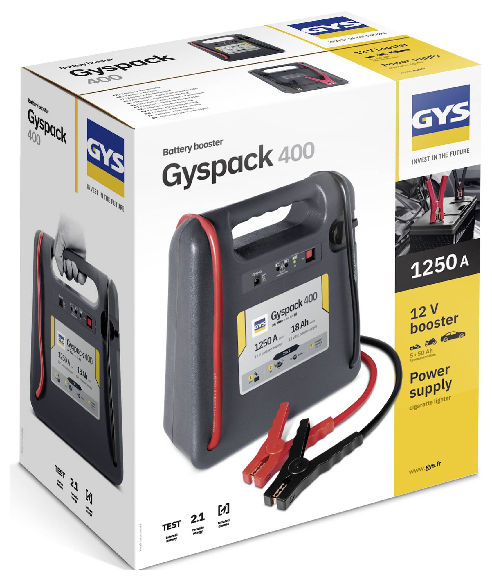 Produktová krabice pro záskok GYS Gyspack 400, který ukazuje přenosný záskok s kleštěmi a "1250 A" a "12V záskok" na obalu.