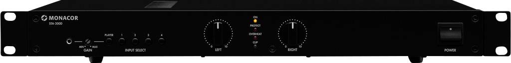 Audiovzesilovač ve formátu rack; zobrazuje ovladače hlasitosti pro levý a pravý kanál, vstupy a síťový spínač.