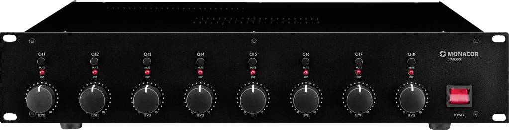 Černý audiomixer se sedmi otočnými ovladači a velkým červeným přepínačem, označený nápisem 'MONACOR' a modelovým číslem 'PA-8000'.