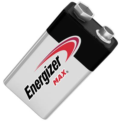 Stříbrná 9V baterie značky 'Energizer Max' s černým a červeným logem nahoře, pohled z boku.
