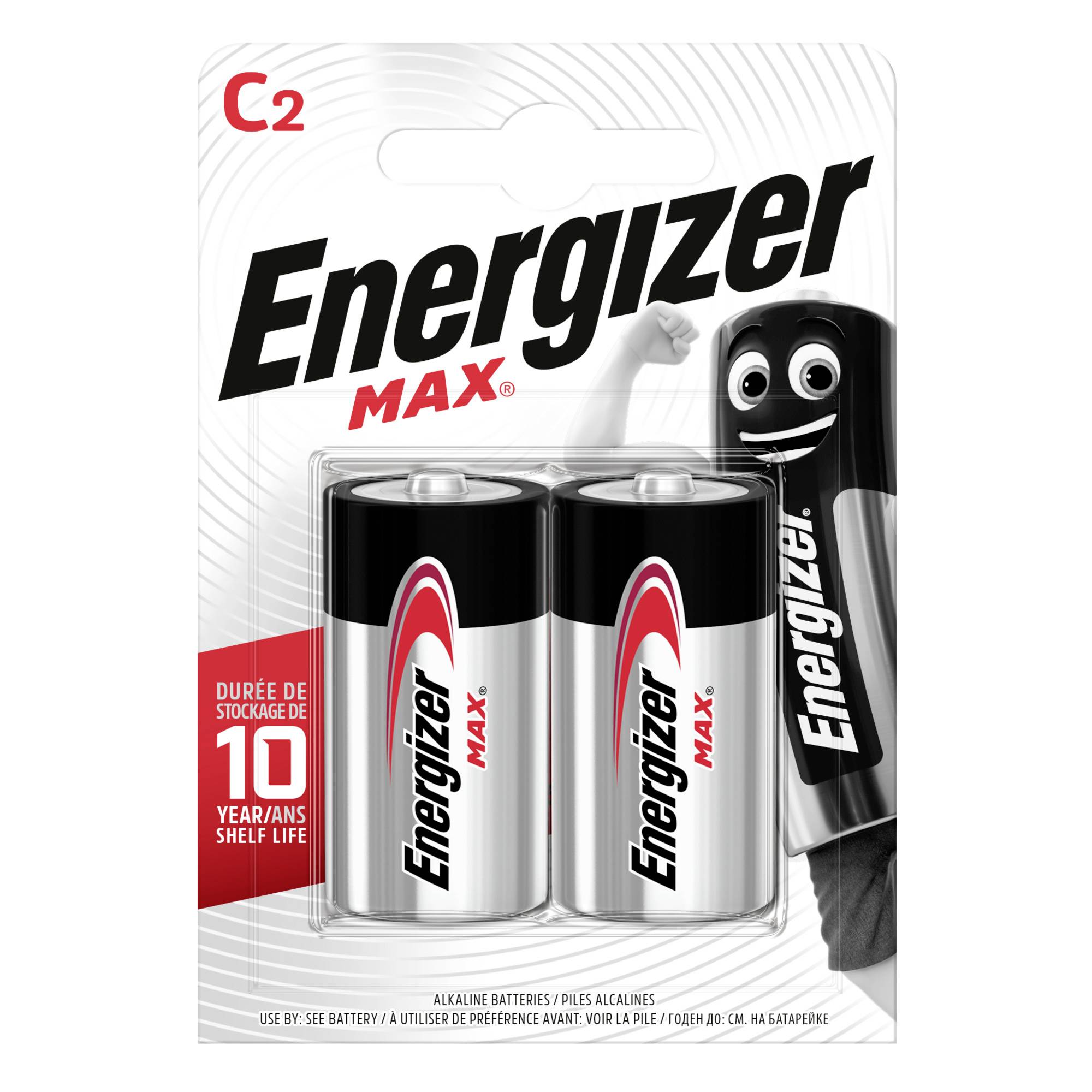 Balení baterií 'Energizer Max', obsahuje dvě baterie C2. Potisk: '10 let trvanlivosti'. Maskot baterie zobrazen vpravo.