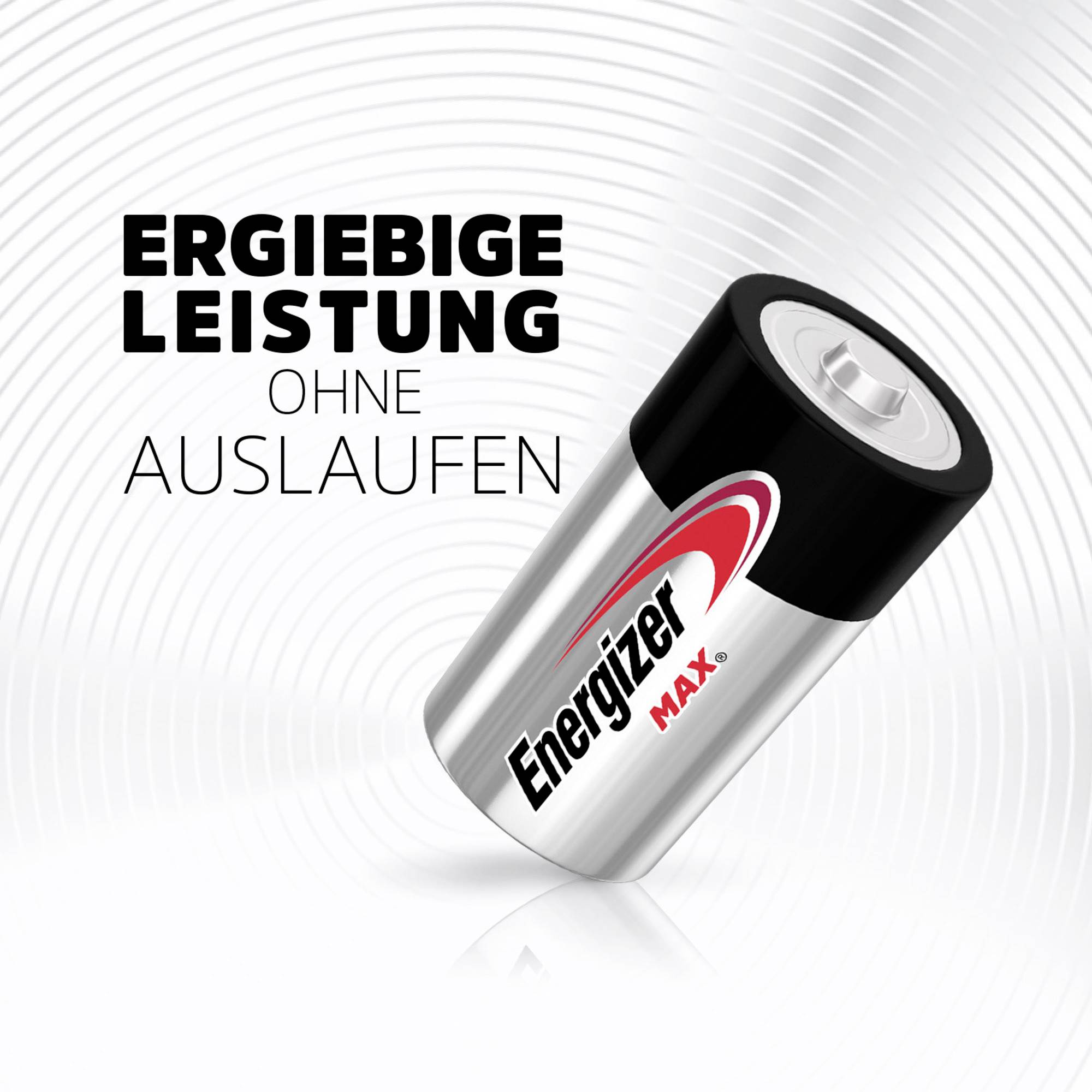 „Vysoký výkon bez úniku" je napsáno vedle baterie Energizer Max na stylizovaném kruhovém pozadí.
