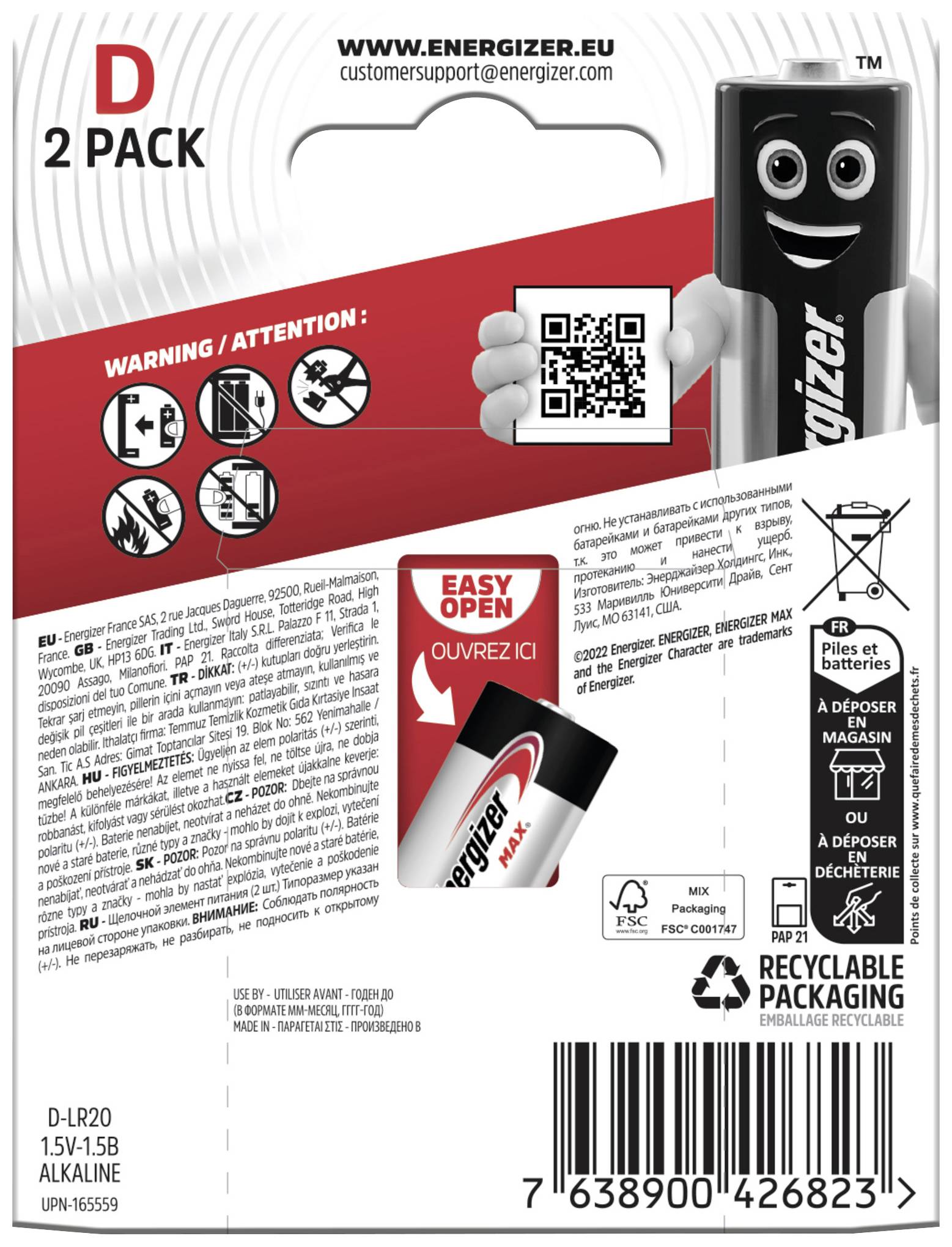 '2 balení D baterií od Energizeru, snadno otevíratelný obal, bezpečnostní upozornění. QR kód pro další informace.'