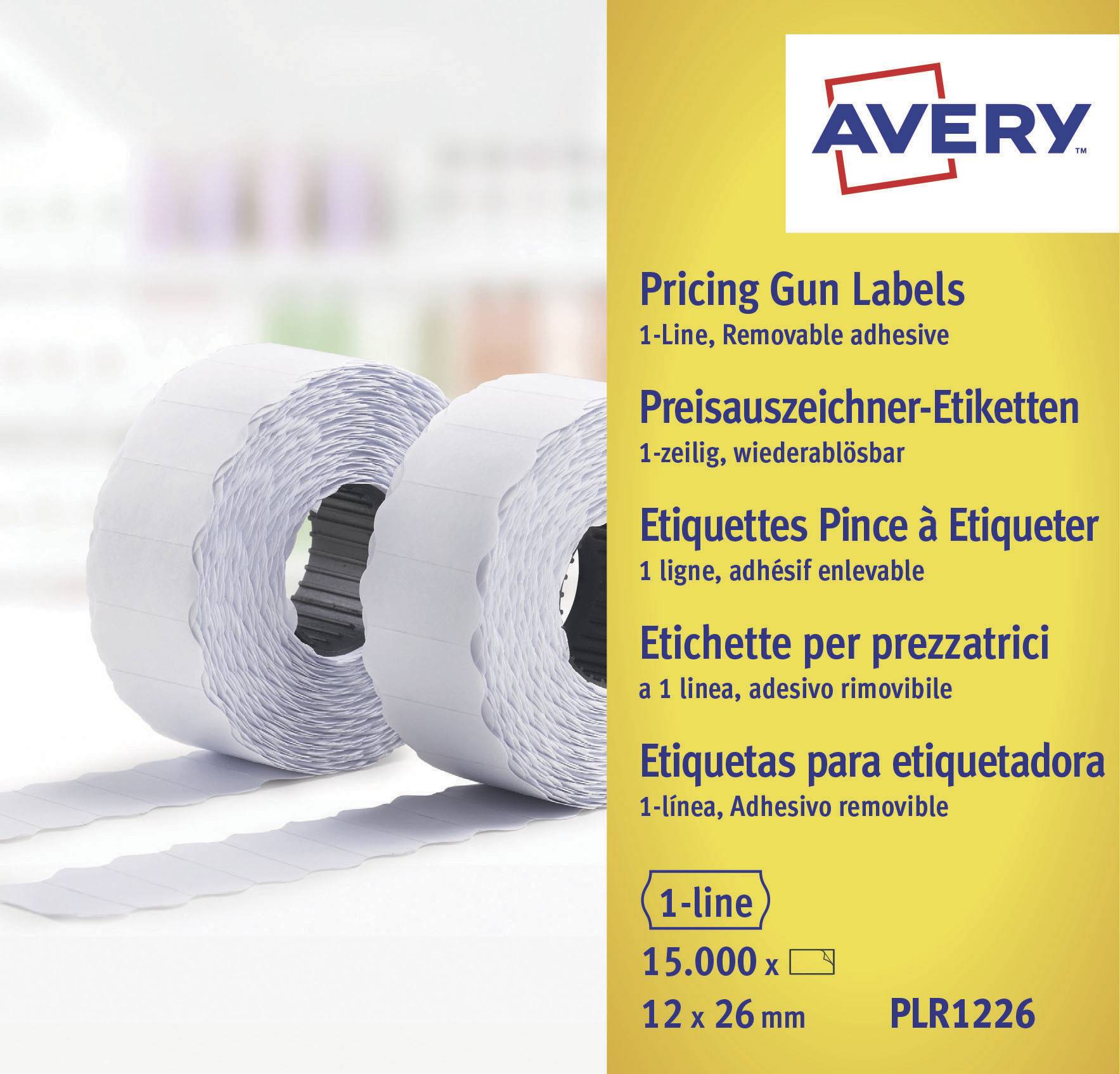 Štítky na cenovky značky 'Avery' v různých jazycích. Jednostřádkové, snadno odstranitelné, velikost: 12 x 26 mm, 15.000 kusů.