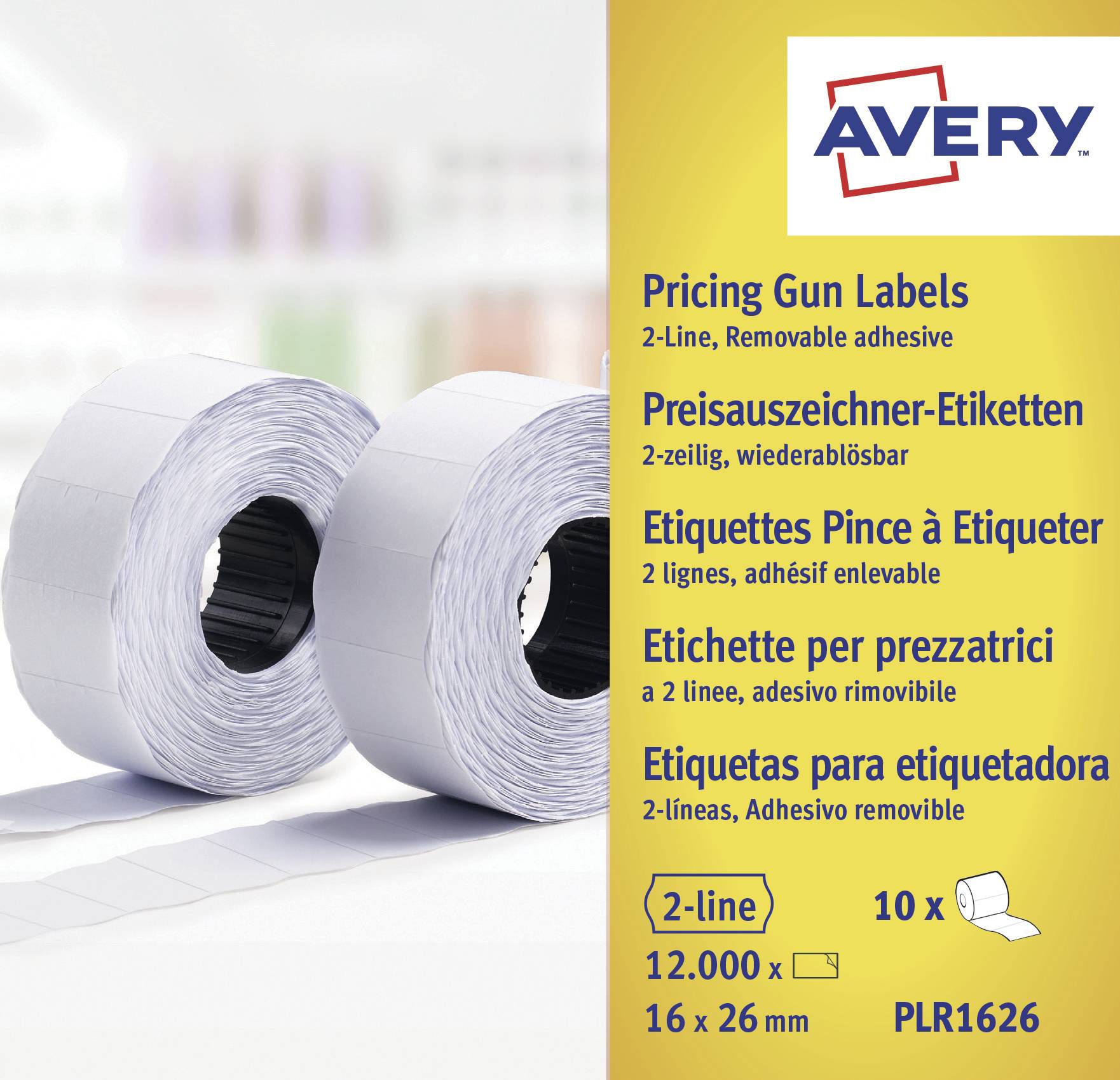 Dvě role etiket pro cenové štítky, dvouřádkové, opětovně odnímatelné, značka Avery. Balení zobrazuje pět jazyků.