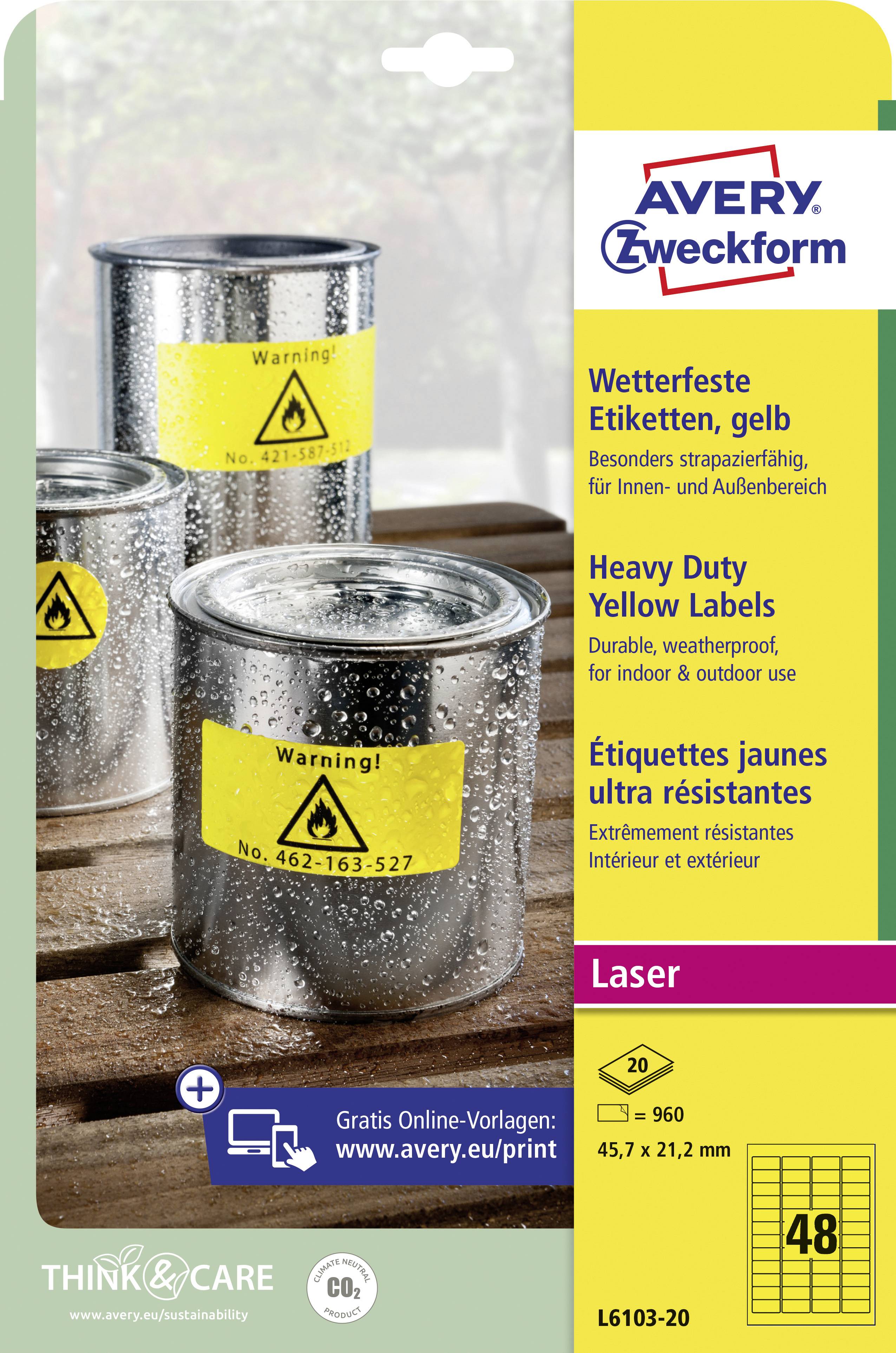 Tři stříbrné dózy s žlutými výstražnými štítky. Štítky označené 'Warning!' a číslem. Obal Avery Zweckform pro voděodolné štítky.