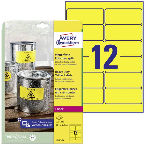Avery-Zweckform L6107-20 Fóliové etikety  99.1 x 42.3 mm poylesterová fólie žlutá 240 ks trvalé barevná laserová tiskárna, laserová tiskárna, barevná kopírka, kopírka, ruční popis