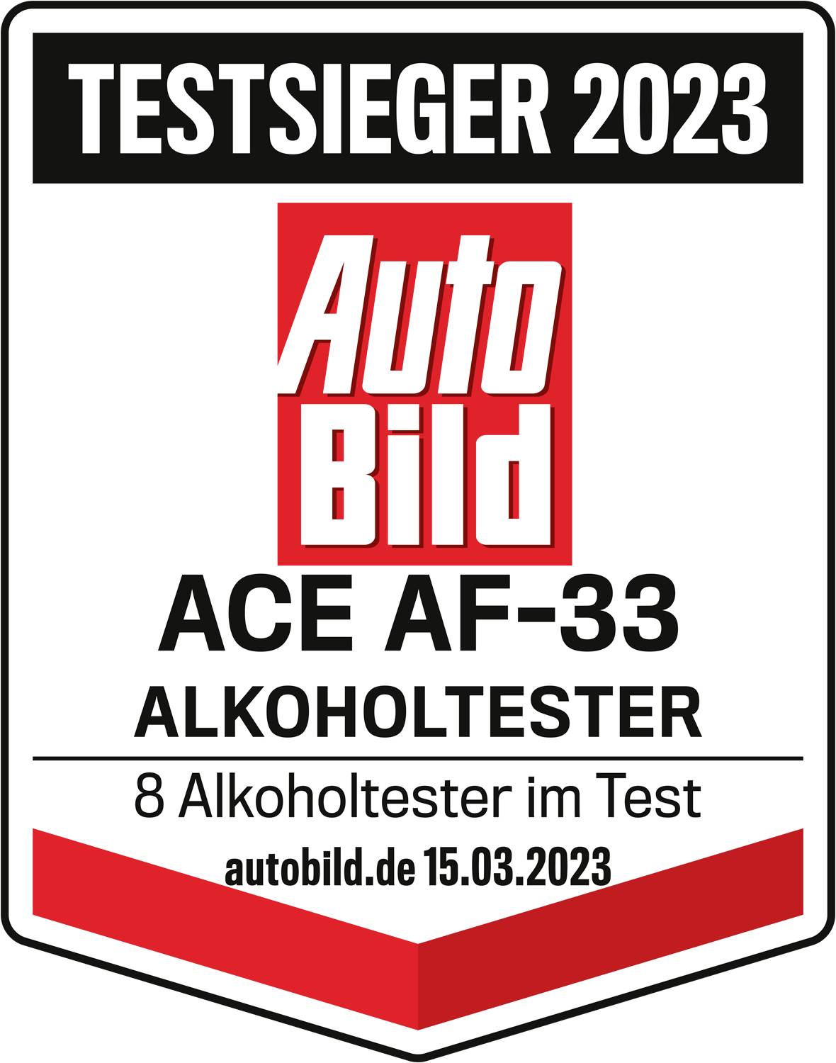 Ocenění 'Vítěz testu 2023' časopisu 'Auto Bild' pro ACE AF-33 alkohol tester jako nejlepší z 8 testovaných zařízení.
