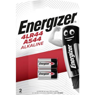 Balení baterií Energizer s dvěma alkalickými bateriemi 4LR44, s názvem značky a maskotkem na přední straně.