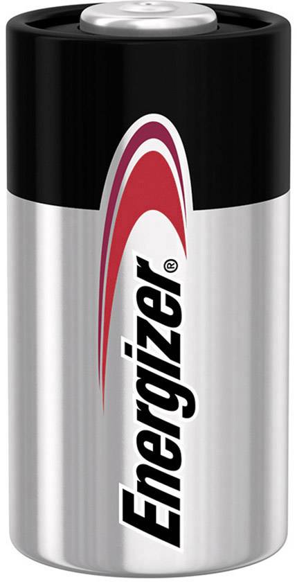 Stříbrná a černá baterie s nápisem 'Energizer' v červených a černých písmenech.