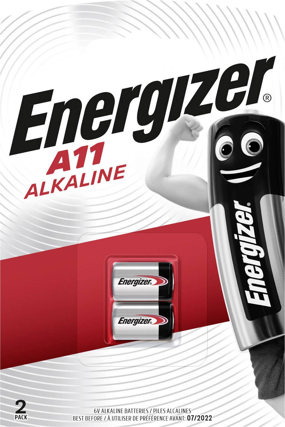 Balení alkalických baterií Energizer A11 se dvěma bateriemi. Ilustrace usměvavé bateriové maskotky vpravo.