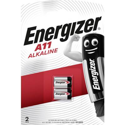 Balení alkalických baterií Energizer A11 se dvěma bateriemi. Ilustrace usměvavé bateriové maskotky vpravo.