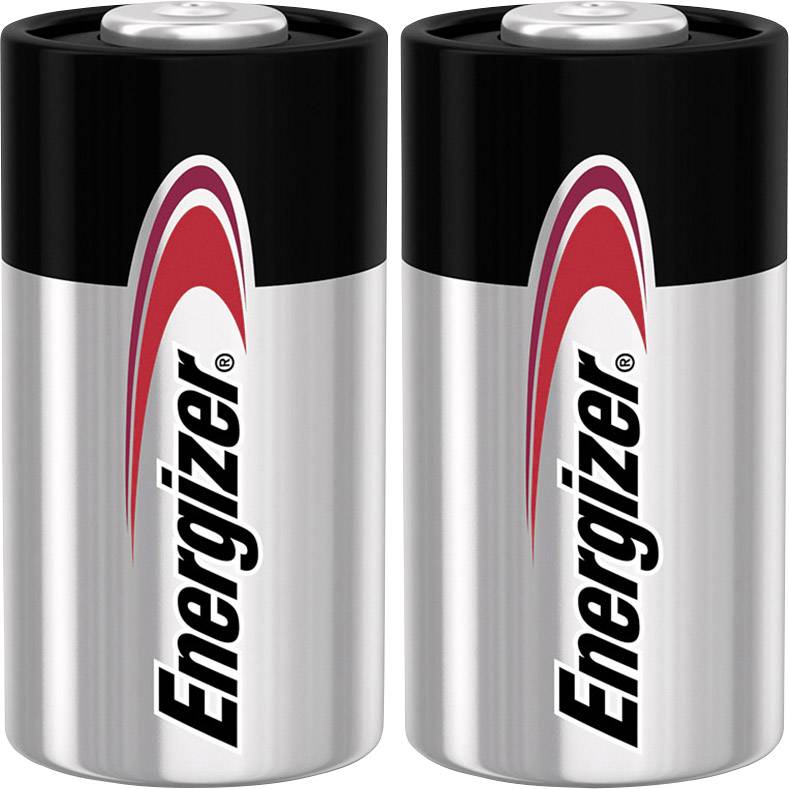Dvě stříbrné baterie s černým horním koncem, každá s červeným a černým logem 'Energizer'.
