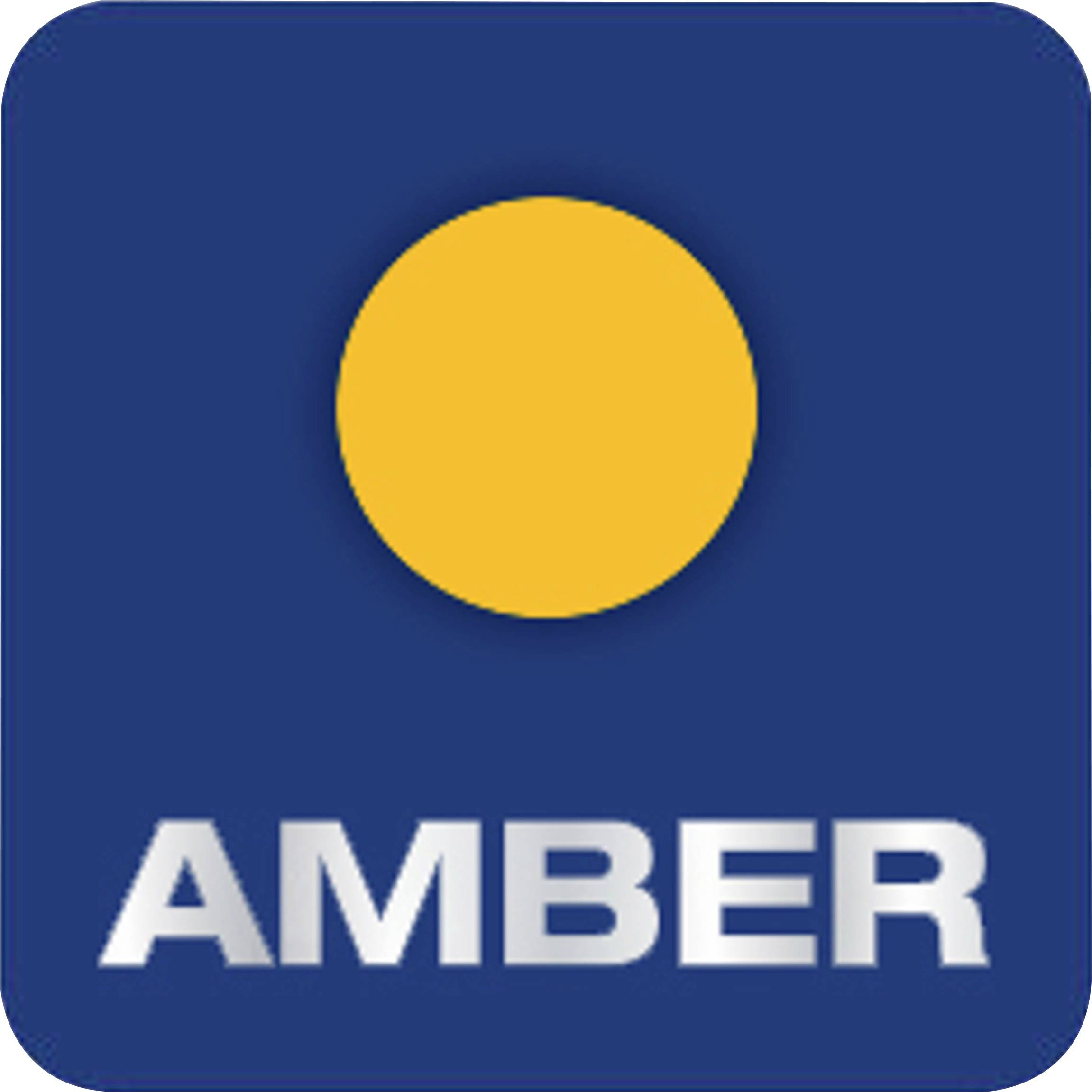 Žlutý kruh před modrým pozadím s nápisem 'AMBER' pod ním stříbrným písmem.