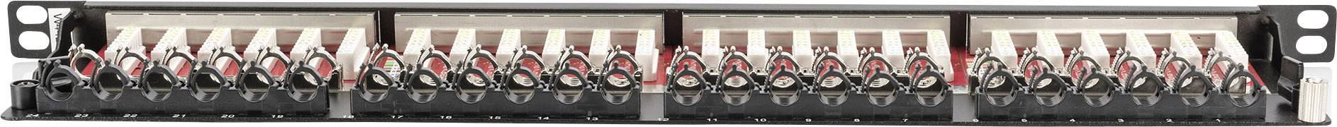 Patch panel se 24 porty v rack úchytu pro organizaci a distribuci síťových nebo telekomunikačních kabelů.