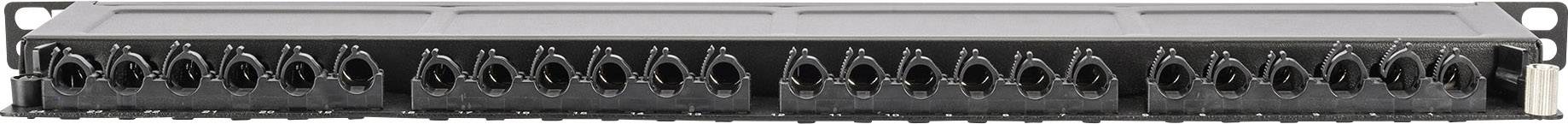 Patch panel se 24 porty pro síťové kabely, černé provedení. Používán především v serverovnách nebo pro distribuci dat.