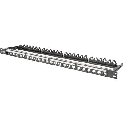 Patch panel se 24 porty, označený od 1 do 24, vhodný pro organizaci a správu síťových připojení v serverovně.
