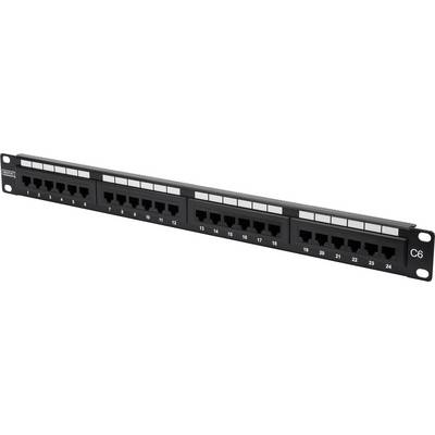 Síťový patch panel se 24 porty RJ45, označenými čísly 1 až 24, určený pro organizaci ethernetových kabelů v serverovnách.