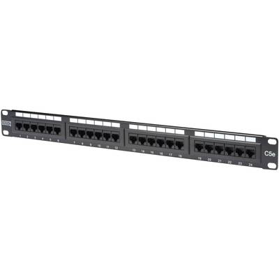 24portový keystone patch panel s RJ45 zásuvkami pro síťové kabely, kategorie Cat 6e, vhodný pro montáž do serverové skříně.
