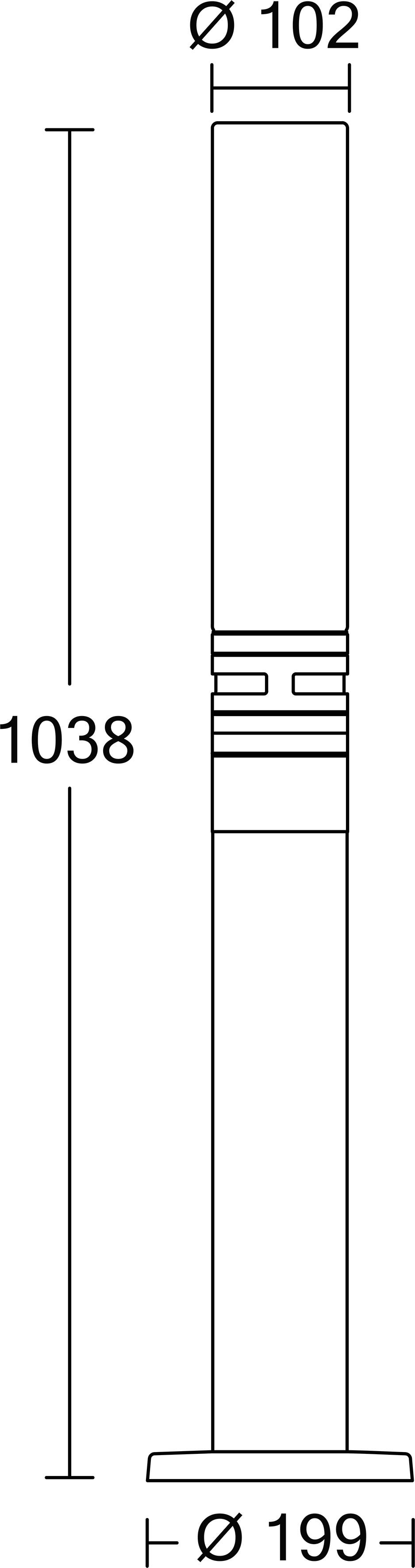 Technický výkres válcové části zobrazující celkovou výšku 1038 a průměry Ø102 v horní části a Ø199 na základně.
