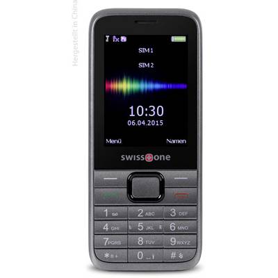 Jednoduchý mobilní telefon s tlačítky a malým displejem. Displej zobrazuje: datum '06.04.2015', čas '10:30'.