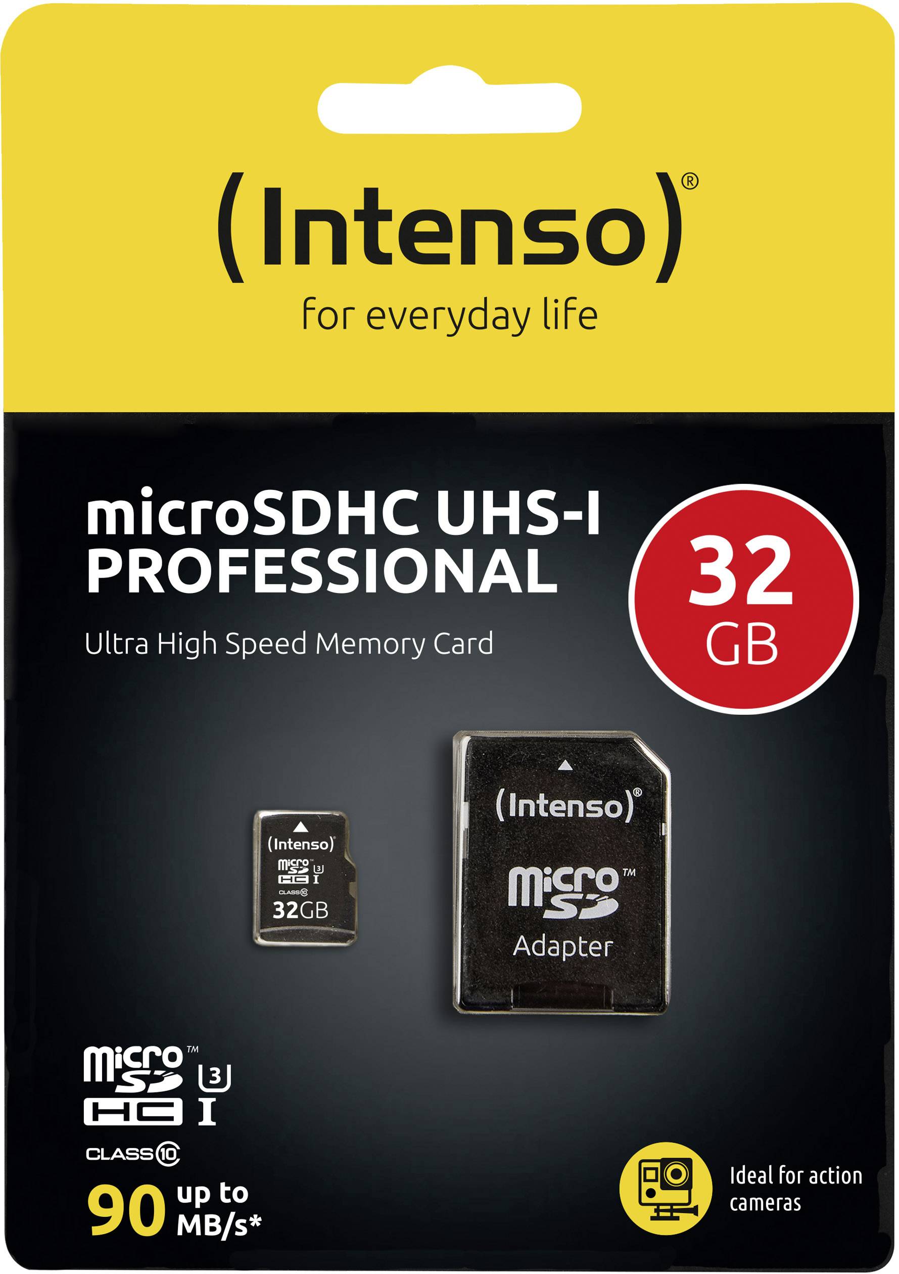 Paměťová karta Intenso microSDHC UHS-I Professional, kapacita 32 GB, rychlost čtení 90 MB/s. Ideální pro akční kamery.