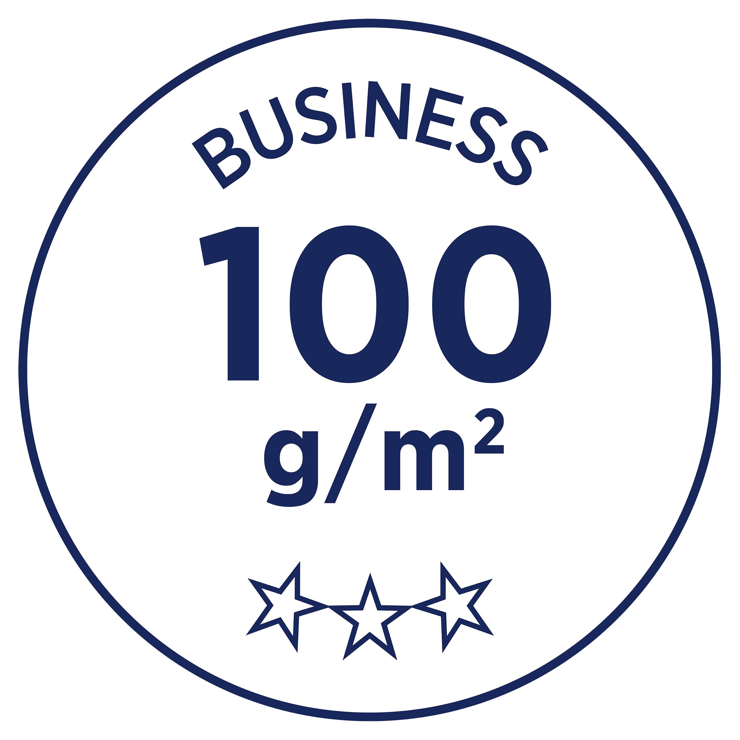 „Business 100 g/m²" je umístěno v kruhu, pod ním jsou tři hvězdy.