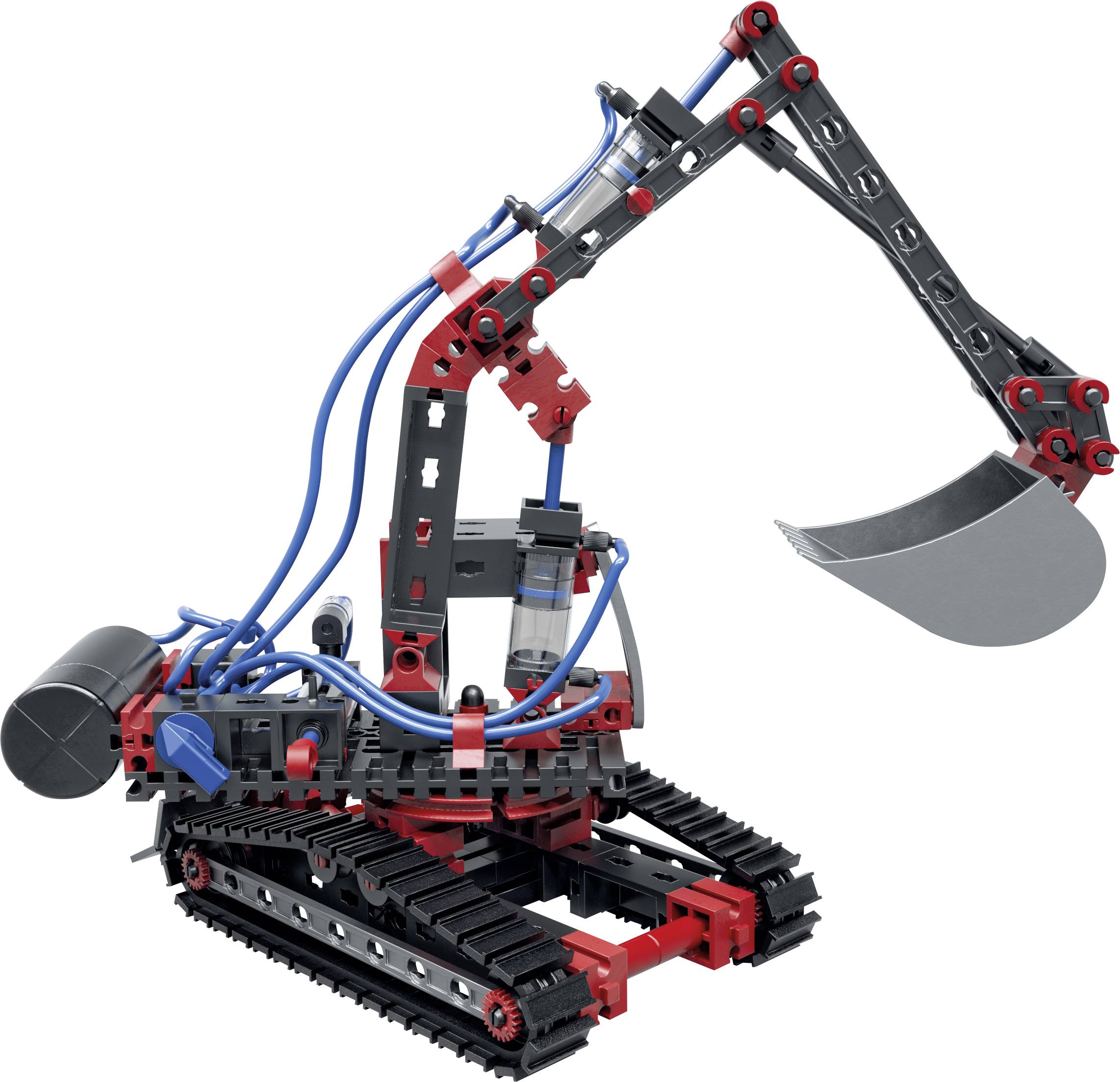 Modelářská stavebnice zobrazuje malý robotický bagr z plastových dílků s pohyblivým ramenem a lžící v barvách červené, černé a modré.