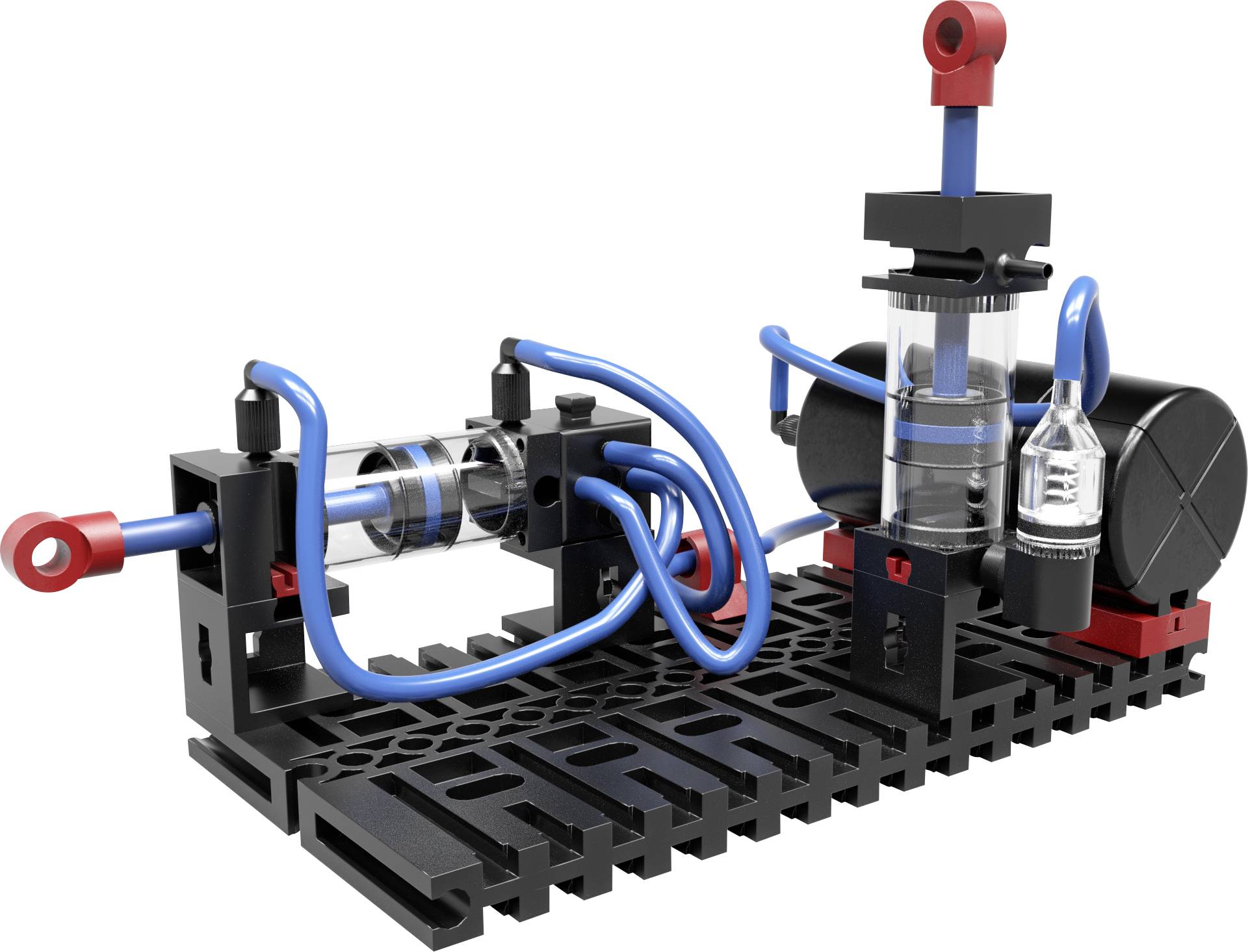 Hydraulický systémový model umístěný na černé platformě zobrazuje různé propojené válce a potrubí, které demonstrují pohyb kapaliny.