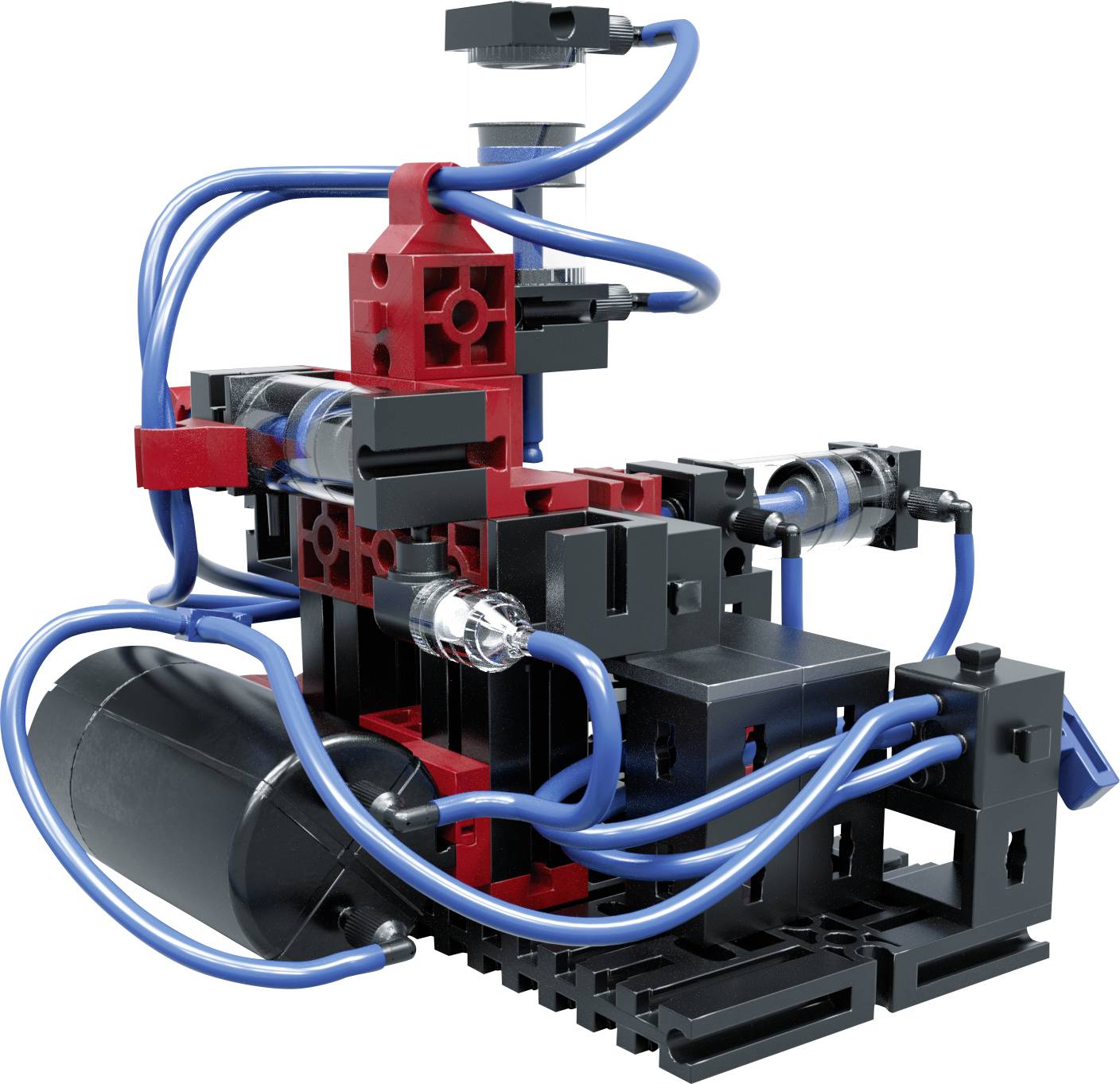 Stavebnice hydraulického systému z plastových dílů a modrých hadic. Zobrazuje miniaturní mechanismus pro demonstraci hydraulických principů.