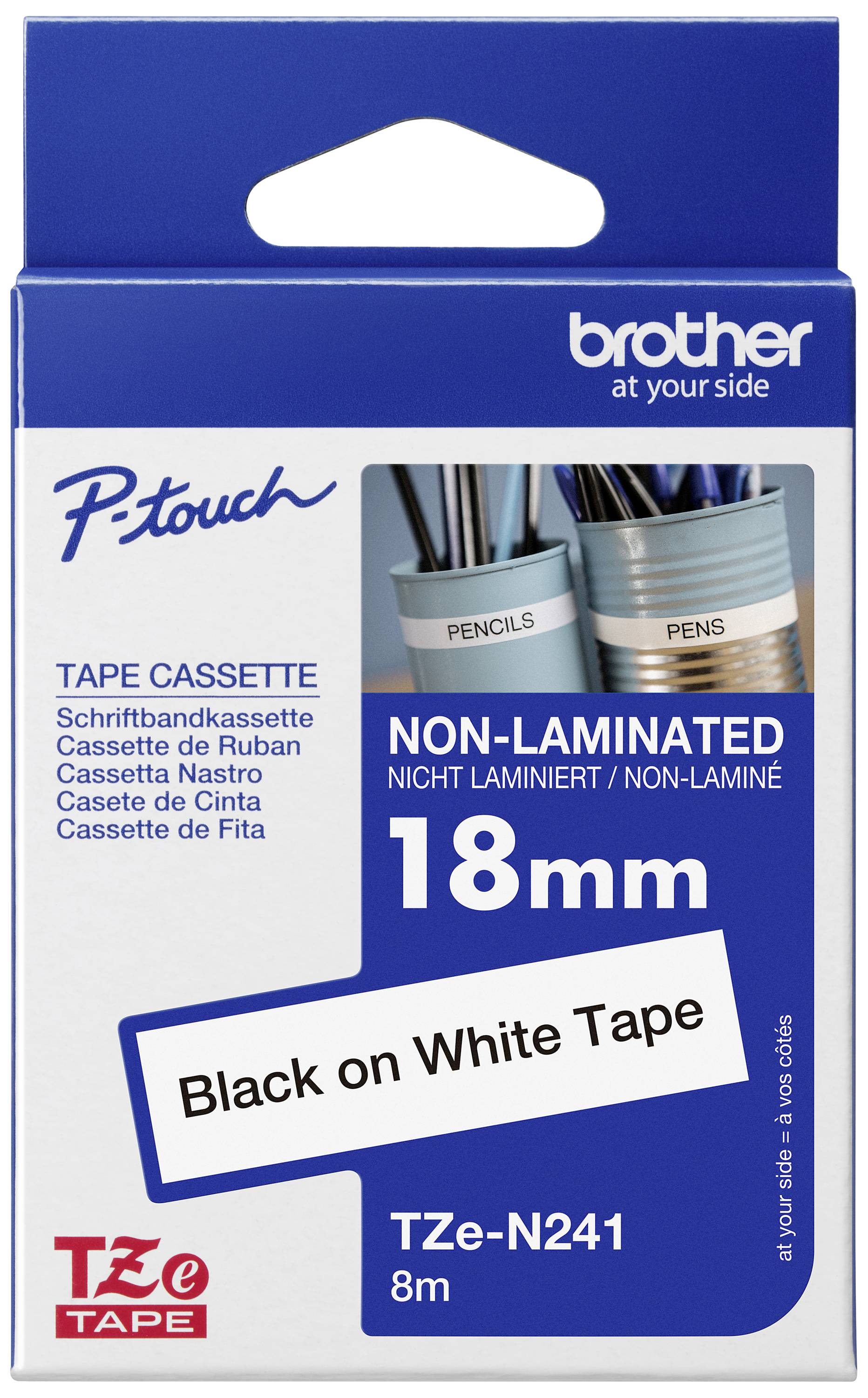 Páska do tiskárny P-Touch, nelaminovaná, 18mm, černý tisk na bílém podkladu. Obal zobrazuje nádobu s 'Tužkami' a 'Pery'.