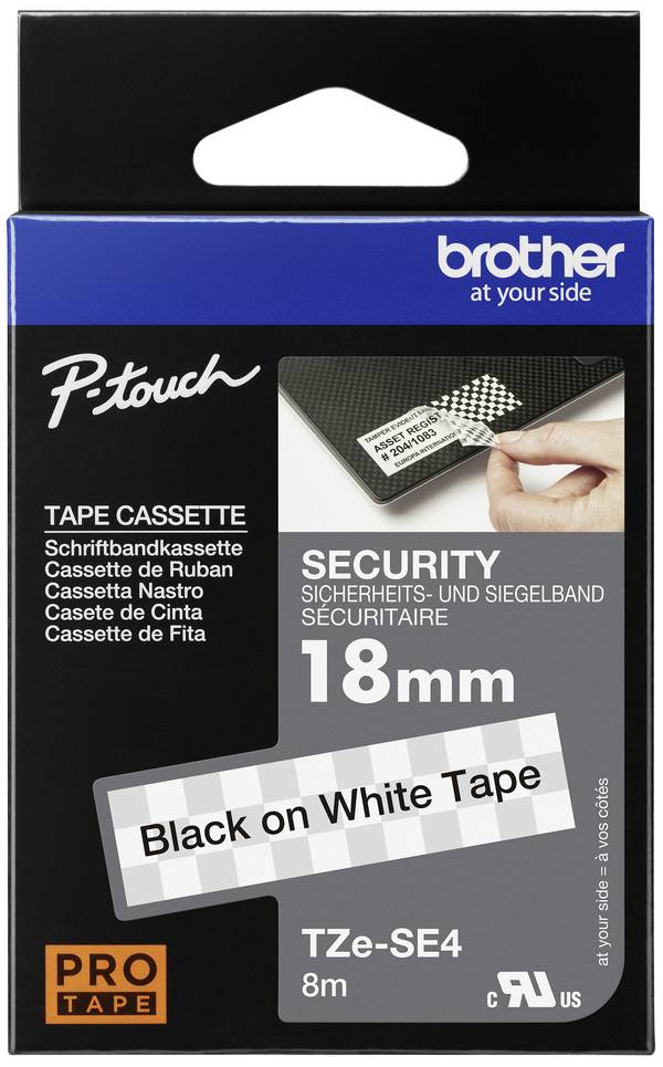 etikety  Brother TZe, TZ TZe-SE4  Barva pásky: bílá Barva písma:černá 18 mm 8 m