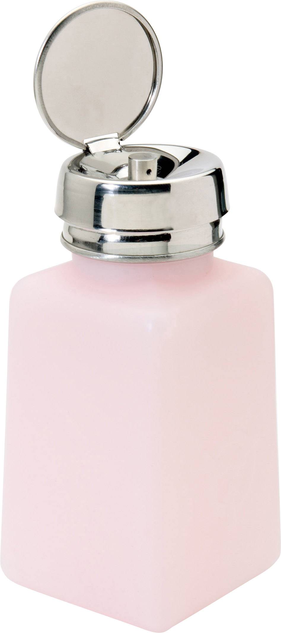 Růžový dávkovač s stříbrným výklopným víčkem, vhodný pro kapaliny jako odlakovač na nehty.