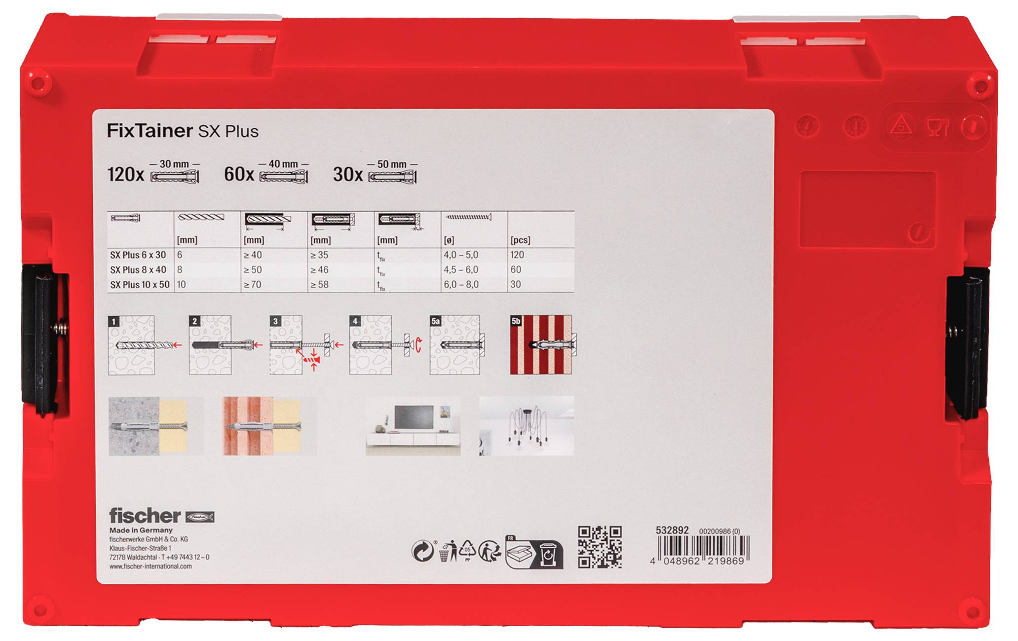 Červený montážní kufřík s nálepkou zobrazující různé typy hmoždinek a jejich použití. Obsahuje informace o velikostech a příslušných šroubech.