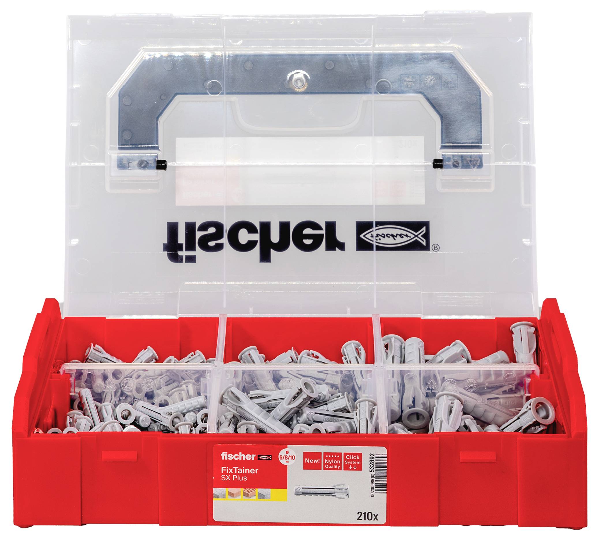 Červený Fischer FixTainer s hmoždinkami v různých přihrádkách, průhledný kryt, rukojeť nahoře, štítek s informacemi o produktu vpředu.