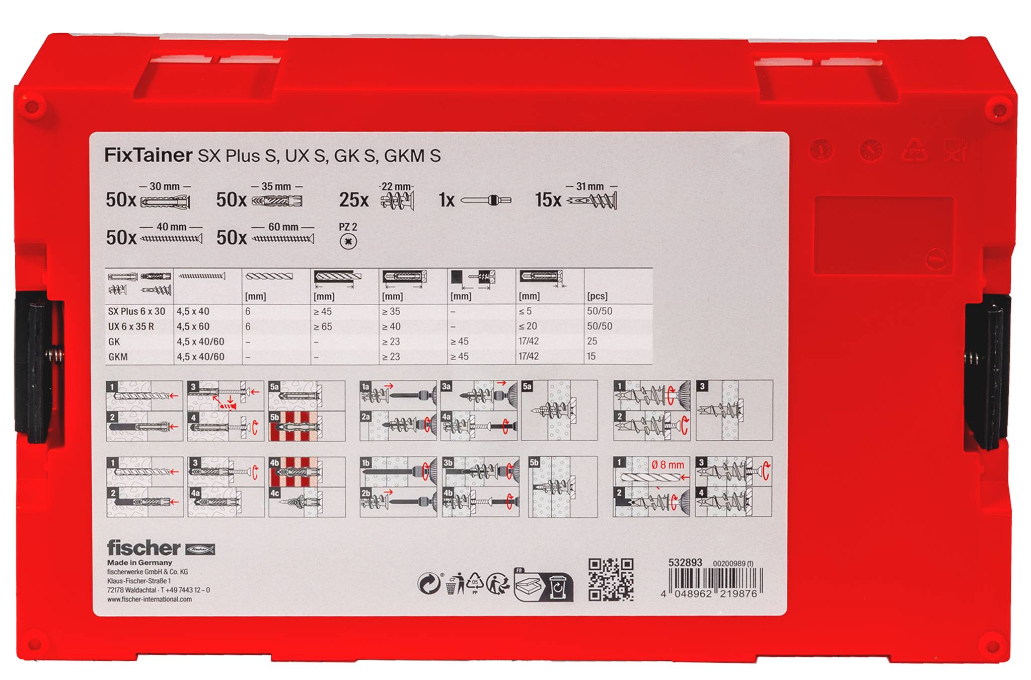 Sortimentní kufřík červených šroubů Fischer FixTainer se štítkem „FixTainer SX Plus S, UX, S, GS, GKM S" s diagramy velikostí a montáže na přední straně.